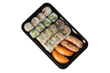 sushi rolls and nigiri isolated on white background