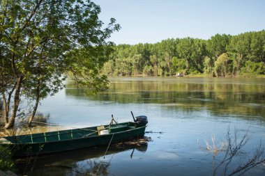 Wooden boat moored near the river bank