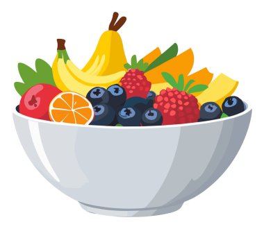 Muz, böğürtlen ve portakal gibi çeşitli meyvelerle dolu renkli bir kase..