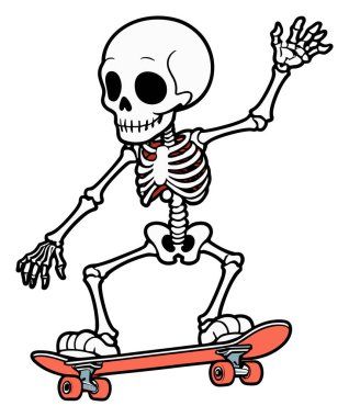 El sallarken kırmızı kaykay üzerinde dengede duran iskelet karakter.