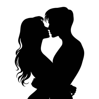Birbirini siluetiyle kucaklayan bir çift. vektör illüstrasyonu