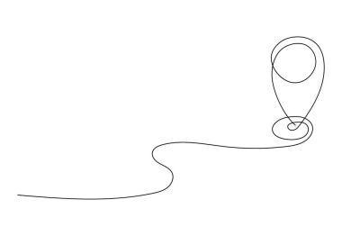 Devamlı tek satır çizimi: GPS işaretli kusursuz seyahat rotası haritası. Pin yol ikonu teslimat işareti ana hatlı çizim. İş dışı turizm yön bulucu. Vektör illüstrasyonu.