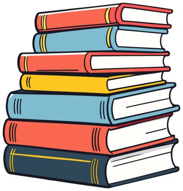 Yığınla renkli ciltli kitap üst üste dizilmiş, çeşitli omurga kalınlıkları ve kırmızı, mavi ve sarı tonlarını sergiliyor..