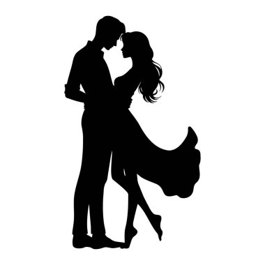 Romantik erkek ve kadının silueti öpüşmek için sarılıyor ve eğiliyor, beyaz arka planda izole edilmiş, aşkı, ortaklığı ve samimiyeti temsil ediyor..