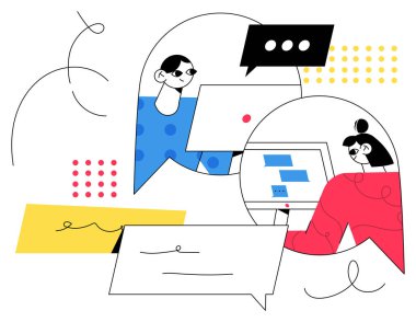 İki kadın dizüstü bilgisayar kullanarak fikirleri tartışıyor