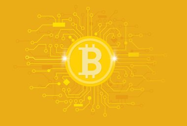 Dijital devre desenleriyle çevrili bitcoin sembolü