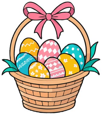 Dokuma sepetinde yeşil yapraklı ve pembe kurdeleli renkli Paskalya yumurtaları