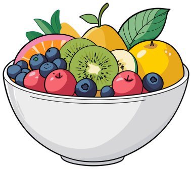 Elmalar, portakallar ve böğürtlenler dahil çeşitli taze meyvelerle dolu renkli bir kase.