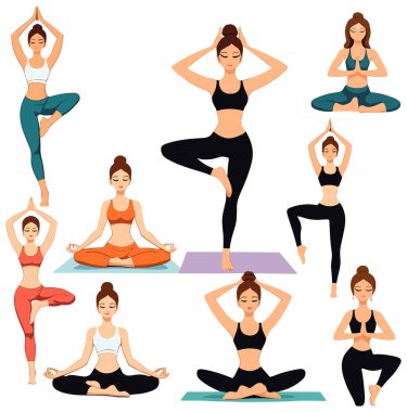 Çeşitli pozlarda yoga yapan genç kadınların dokuz çizimi