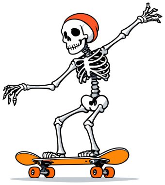 Çizgi film iskeleti turuncu kaykay üzerinde turuncu bere takıyor..