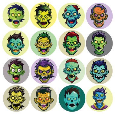 Değişik ifadelere sahip on altı renkli zombi yüzü çizelgesinden kurtul