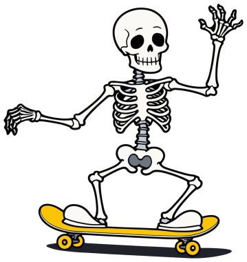 Çizgi film karakteri, sarı kaykay üzerinde el sallarken kayıyor.