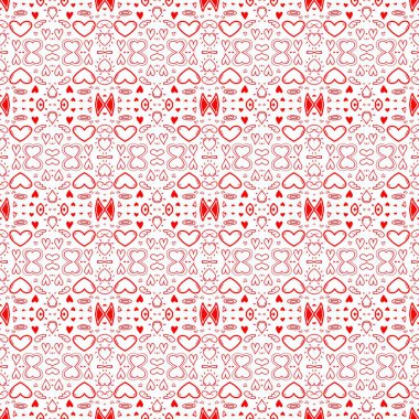 Beyaz üzerinde kırmızı kalplerin ve sembollerin tekrarlanan deseni