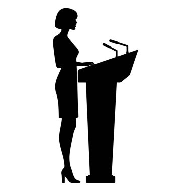 Podyumda konferans konuşması yapan bir kadının silüeti. vektör illüstrasyonu