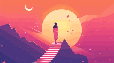 Kadın figürü gün batımı arkaplanı ve renkli gökyüzü ile yolda duruyor.