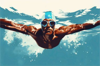 Erkek yüzücü mavi sularda süzülüyor. Gözlük ve yüzme şapkası takıyor.