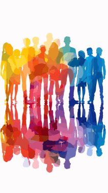 Renkli yansımalarla yan yana duran çeşitli siluet grupları.