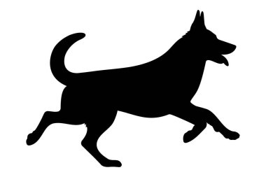 Kuyruğu havada, kulakları havada koşan bir köpeğin silueti.