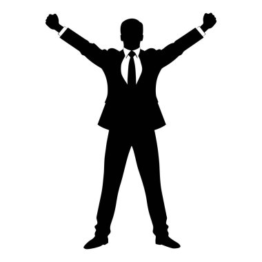 Bir iş adamının silueti başarıyı kollarını kaldırarak kutluyor. vektör illüstrasyonu