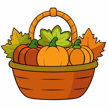 Turuncu kabaklar ve yeşil yapraklarla dolu renkli bir sepet.