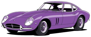 Beyaz arka planda parlak tasarımla park edilmiş klasik mor spor araba.