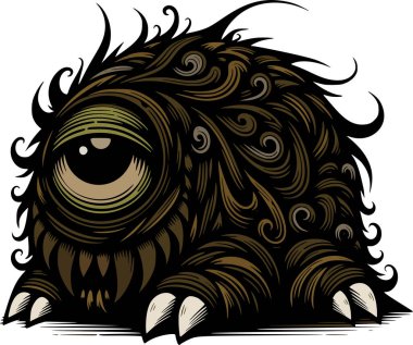 Düz yüzeyde oturan büyük gözlü ve tüylü bir yaratık.