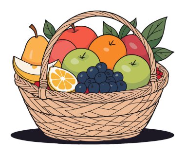 Elmalar, portakallar, üzümler ve muzlar dahil olmak üzere çeşitli meyvelerle dolu sepet.