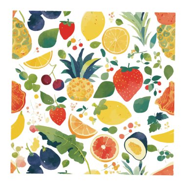 Çilek, limon ve ananas gibi çeşitli meyvelerin rengarenk desenleri