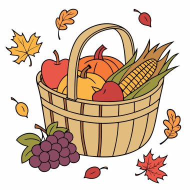 Sonbahar yapraklarıyla çevrili çeşitli meyve ve sebzelerle dolu renkli bir sepet.