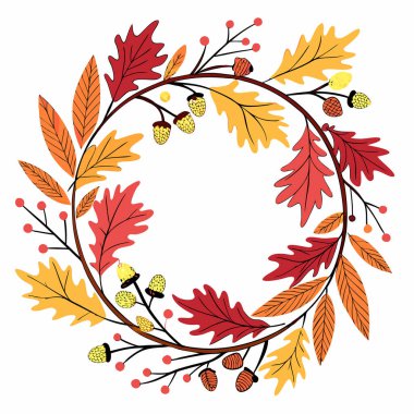 Sonbahar yaprakları ve meşe palamutlarının renkli çelenkleri dairesel desenlerde sıralanmış.