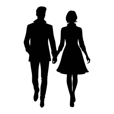 El ele tutuşurken yürüyen bir erkek ve kadının silüeti. Vektör illüstrasyonu