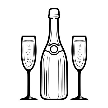 Şampanya şişesi ve iki flüt sanat eseri. vektör illüstrasyonu