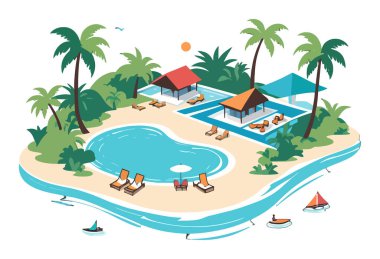 Yüzme havuzu ve palmiye ağaçlarıyla tropik ada beldelerini tasvir eden renkli bir sahne