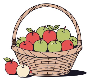 Yüzeyde duran çeşitli kırmızı ve yeşil elmalarla dolu sepet.