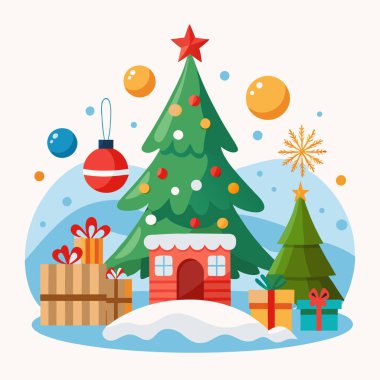 Karda süslenmiş ağaçlar, hediyeler ve süslerin yer aldığı renkli bir Noel sahnesi