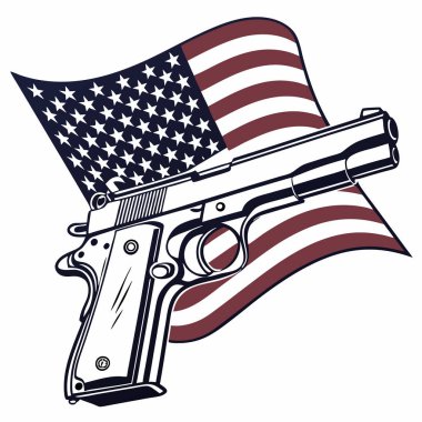 Amerikan bayrağının önünde sallanan tabancanın resmi.