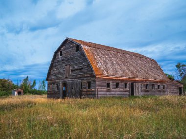 Bitkin düşmüş ahşap ahır Bulutlu mavi gökyüzünün altında uzun çimen tarlasında duruyor.