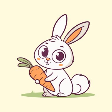 Çizgi film tavşanı yeşil çimenlerde otururken elinde turuncu havuç tutuyor.