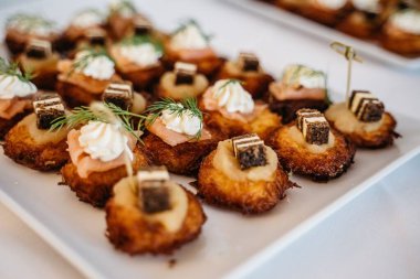 Bir tabak gurme aperatifler ve malzemeler.