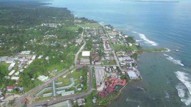 Bereketli Yeşil Orman ve Okyanusun yanındaki Kıyı Kasabasının Hava Görüntüsü