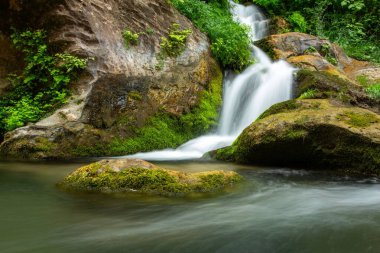 Akan su yosunlu kayaların üzerinde çağlayarak akıyor.