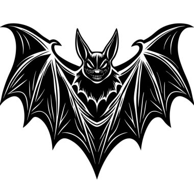 Geniş kanatlı yarasaların siyah-beyaz çizimi ayrıntılı özellikler sergiliyor