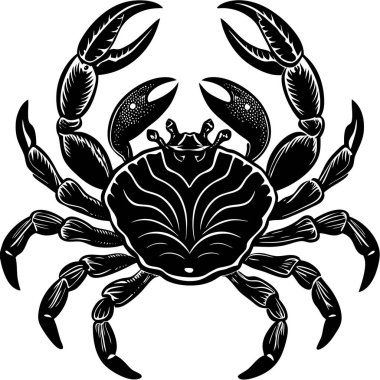 Büyük pençeli, karmaşık bir yengecin siyah beyaz çizimi