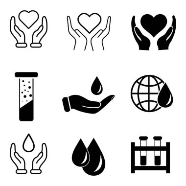 El, kalp ve su damlacıklarını temsil eden siyah ve beyaz simgeler.