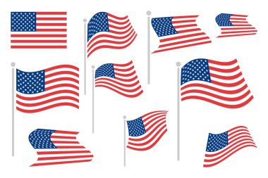 Farklı yön ve stillerde çeşitli Amerikan bayrakları koleksiyonu
