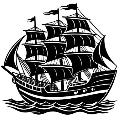 Çoklu yelkenli detaylı bir yelkenli gemisinin siyah beyaz çizimi