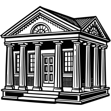 Sütunları ve pencereleri olan klasik mimari binaların siyah beyaz çizimi