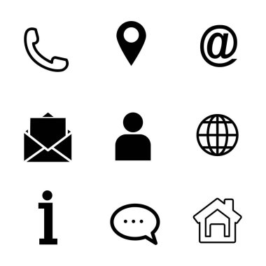 İletişim bilgileri ve iletişim yöntemlerini temsil eden siyah ve beyaz simgeler