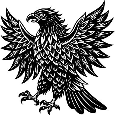 Kanatları geniş ve keskin pençeleri olan kartalın siyah ve beyaz çizimi