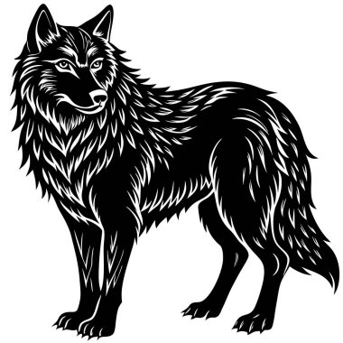 Ayrıntılı kürk dokusuna sahip ayakta duran bir kurdun siyah beyaz çizimi.